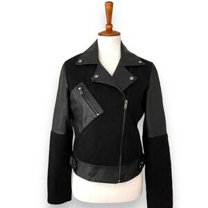 Slate & Willow Black Leather and Wool Moto Biker Jacket Women's Size Medium